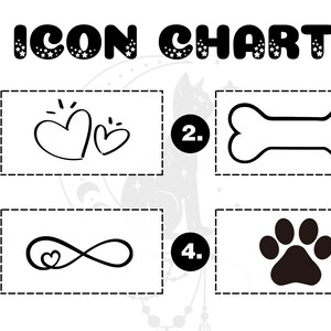 May include: Black and white icon chart with four options. Option 1 is two hearts, option 2 is a bone, option 3 is an infinity symbol with a heart inside, and option 4 is a paw print.