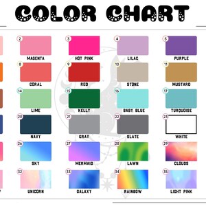 Puede incluir: Carta de colores con 36 muestras de colores diferentes. Cada muestra est&aacute; etiquetada con un n&uacute;mero y un nombre. Los colores incluyen melocot&oacute;n, magenta, rosa intenso, lila, morado, amarillo, naranja, coral, rojo, piedra, mostaza, camel, &oacute;xido, lima, kelly, azul beb&eacute;, turquesa, azul polvoriento, azul real, azul marino, gris, pizarra, blanco, negro, puesta de sol, cielo, sirena, c&eacute;sped, nubes, acuarela, resplandor de puesta de sol, unicornio, galaxia, arco&iacute;ris, rosa claro y sue&ntilde;o.
