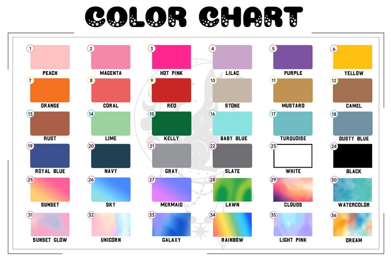 Puede incluir: Carta de colores con 36 muestras de colores diferentes. Cada muestra est&aacute; etiquetada con un n&uacute;mero y un nombre. Los colores incluyen melocot&oacute;n, magenta, rosa intenso, lila, morado, amarillo, naranja, coral, rojo, piedra, mostaza, camel, &oacute;xido, lima, kelly, azul beb&eacute;, turquesa, azul polvoriento, azul real, azul marino, gris, pizarra, blanco, negro, puesta de sol, cielo, sirena, c&eacute;sped, nubes, acuarela, resplandor de puesta de sol, unicornio, galaxia, arco&iacute;ris, rosa claro y sue&ntilde;o.