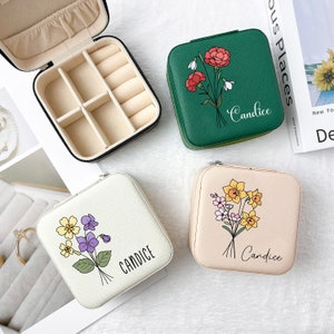 Boîte à bijoux personnalisée nom boîte à bijoux de voyage gravée fleur de naissance boîte à bijoux boîtes à bijoux personnalisées boîte à bijoux de demoiselle d'honneur