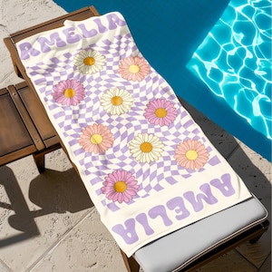 Aangepaste Daisy Grid Name strandlaken, gepersonaliseerd monogram zwembadhanddoek, handtekening strandlaken voor kinderen, vakantiecadeau, picknickhanddoek