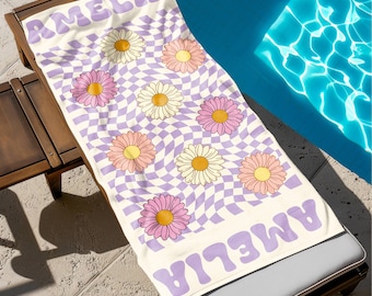Custom Daisy Grid Name Beach Towel, Personalized Monogram Pool Towel, Signature Beach Towel For Kids, Vacation Gift, Picnic Towel