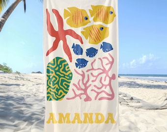Asciugamano da spiaggia personalizzato con animali marini, asciugamano con nome personalizzato per neonati/bambini, asciugamano da piscina per ragazze preppy, regalo di Natale per bambini, essenziale per feste in spiaggia