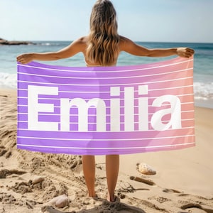 Toalla de playa personalizada con nombre, rayas de arcoíris y degradado, toalla de piscina extragrande con monograma personalizado, toalla de playa exclusiva para niños, regalo de vacaciones