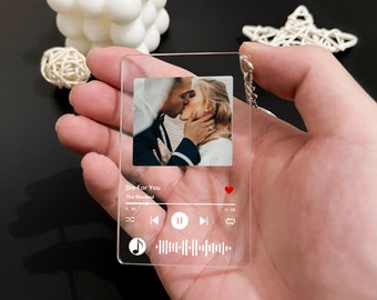 Puede incluir: Un llavero de acrílico transparente con una foto de una pareja besándose. El llavero está diseñado para parecerse a la pantalla de un reproductor de música, mostrando el título de la canción "Die For You" de The Weeknd. La canción está en pausa y el tiempo es 0:39.