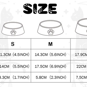 May include: A chart showing the size options for a pet bowl. The chart shows the bowl diameter, bottom diameter, and height in both inches and centimeters for sizes small, medium, and large.