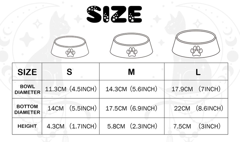 May include: A chart showing the size options for a pet bowl. The chart shows the bowl diameter, bottom diameter, and height in both inches and centimeters for sizes small, medium, and large.