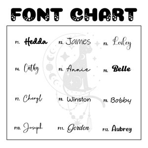 May include: A black and white chart with the text "FONT CHART" at the top. The chart features 12 different names written in various fonts, each labeled with a number from F1 to F12.