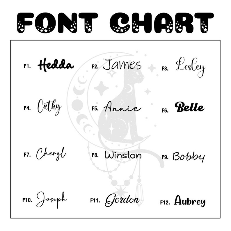 May include: A black and white chart with the text "FONT CHART" at the top. The chart features 12 different names written in various fonts, each labeled with a number from F1 to F12.