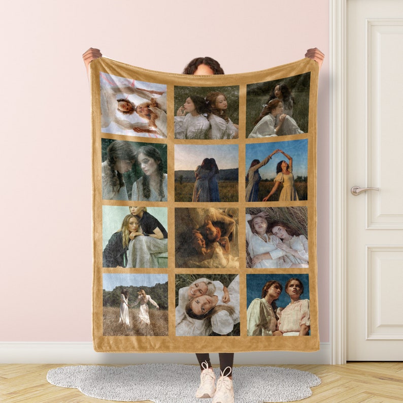 May include: A brown fleece blanket with a collage of 12 photos of women in various poses. The photos are arranged in a grid pattern and feature a variety of settings, including fields, forests, and beaches.