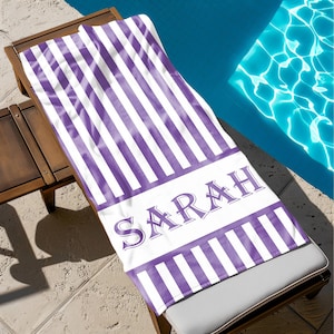 Gepersonaliseerde streep naam strandlaken, extra groot aangepast monogram zwembadhanddoek, kenmerkende strandlaken voor kinderen, vakantiecadeau, picknickhanddoek