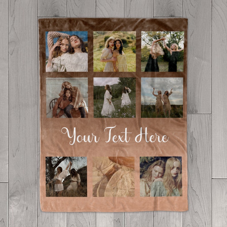 May include: A brown fleece blanket with a collage of nine photos of women in various poses. The photos are arranged in a 3x3 grid and are surrounded by a brown border. The text "Your Text Here" is printed in white cursive font below the photos.