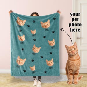 Pode incluir: Uma manta de lã azul turquesa com um padrão repetido de pegadas de patas e rostos de gato. Os rostos de gato são personalizados com uma foto de um gato. O texto "James" é impresso abaixo de cada rosto de gato.