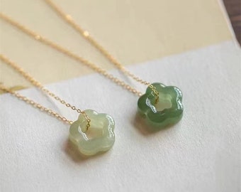 Dainty Jade Necklace, Green Hetian Floral Pendant Necklace, Adjustable Chain, Natural Jade Necklace, Gift for her