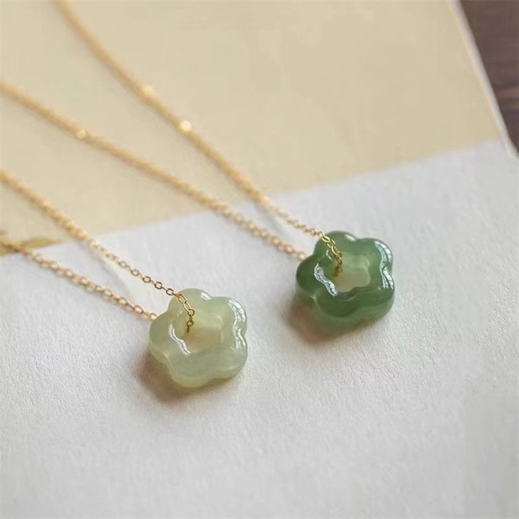 Dainty Jade Necklace Green Hetian Floral Pendant Necklace Etsy UK