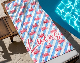 Toalla de playa personalizada con nombre, cangrejo, langosta y caparazón, toalla de piscina con monograma personalizado para niños, toalla de playa para niños, regalo de vacaciones, toalla de picnic
