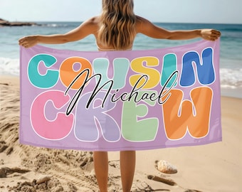 Custom Name COUSIN CREW Beach Towel, Personalized Monogram Pool Towel, Signature Beach Towel For Kids, Vacation Gift, Picnic Towel