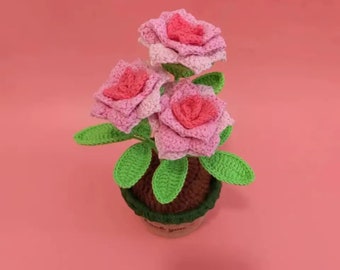 Handmade Finished Rose Flower Potted Crochet in Knitting Wool