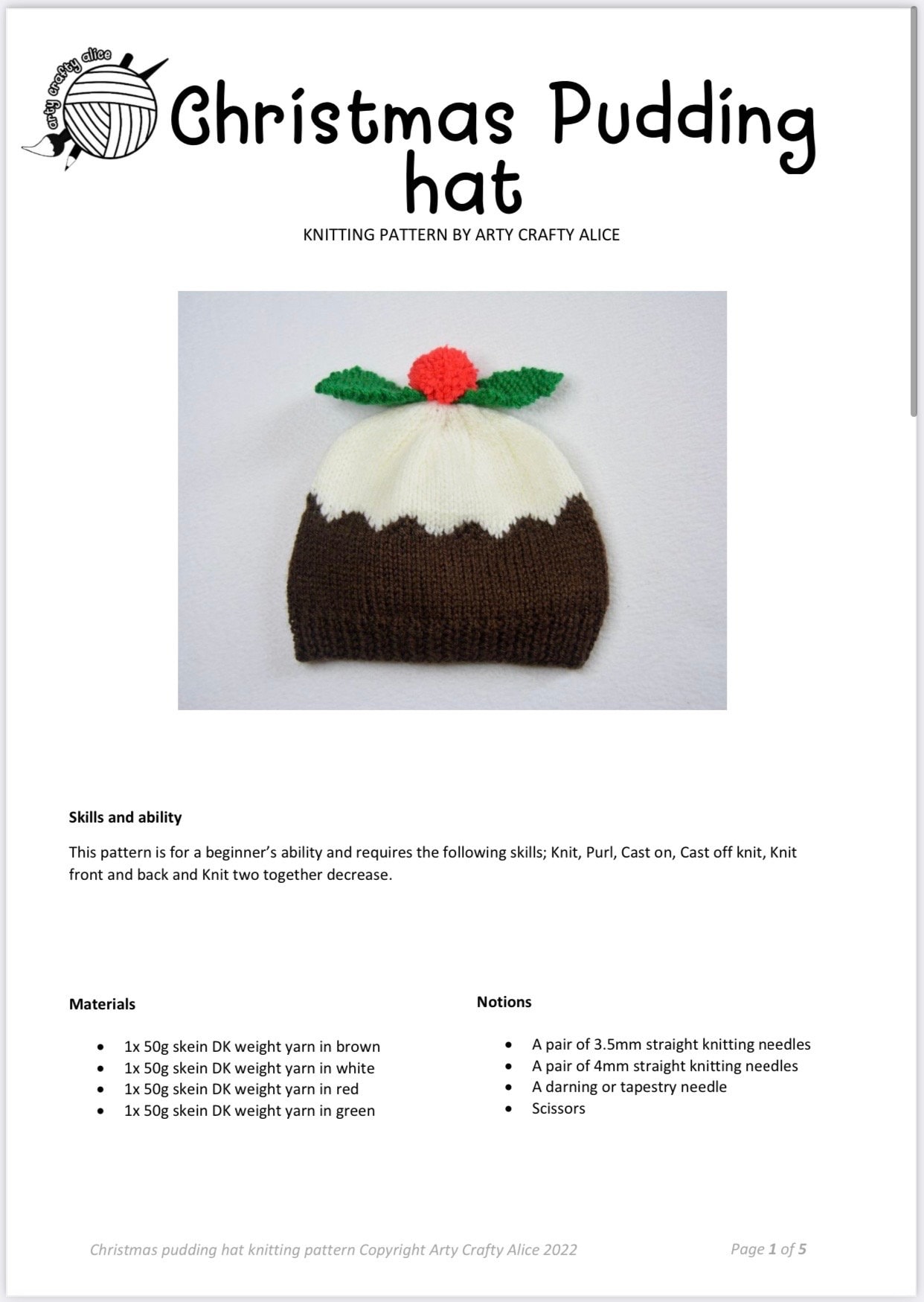 Christmas Pudding Hat Knitting Pattern/ Premie Newborn Child up to 3