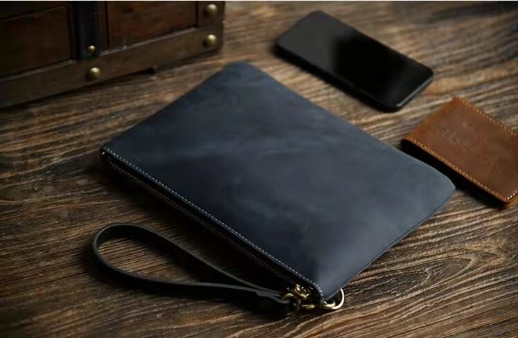 Balidiya Men Clutch Purse Bag Leather Wallet Card Holder Business 2 Zipper, Men's, Size: 8.7, Black