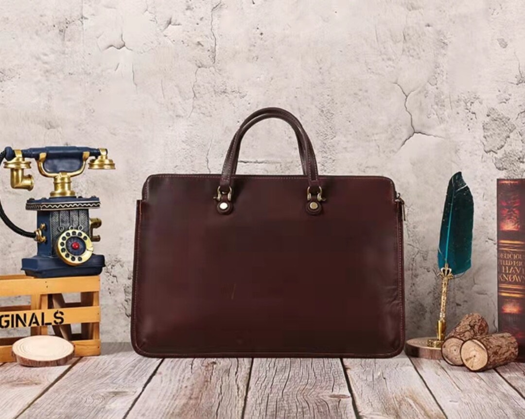 Men's Leather Briefcase, Tote Business Bag, 15.4 Inch Laptop Bag