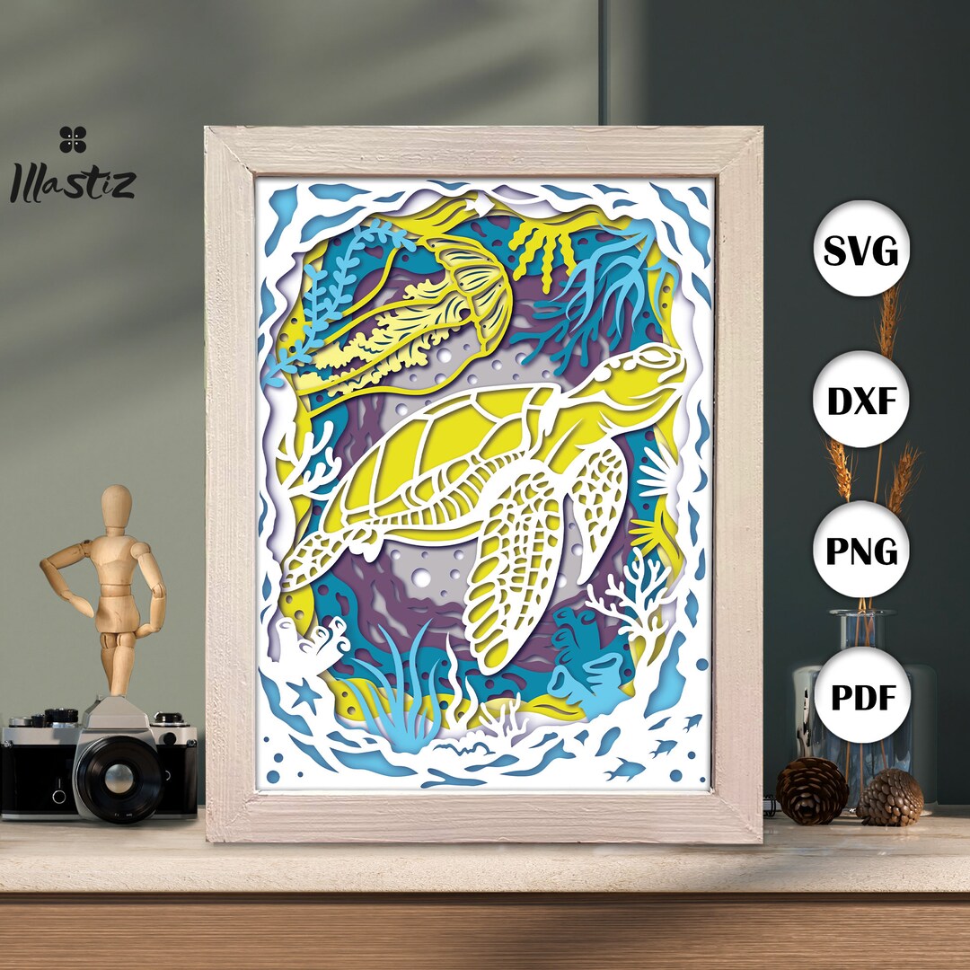 Sea Turtle Shadow Box Svg, Sea Turtle Paper Cut Light Box, 3D Sea