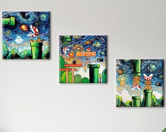 Starry Night Mario Canvas, Game Room Decor, Van Gogh Canvas Decor, Abstract Artwork, Game Room Wall Decor, Set Canvas, Mario Collage Art