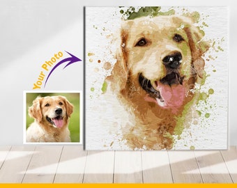 Puede incluir: Una impresión en lienzo cuadrada con un retrato de estilo acuarela de un perro Golden Retriever. La obra de arte utiliza tonos marrones, beige y verdes, con un efecto de salpicaduras. El texto "READY IN 12 HOURS" se muestra.