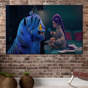 May include: A canvas print featuring a digital art scene. A blue tiger with black stripes faces a person with purple hair, who is holding a small card. The scene is set in a room with a bed and papers scattered around.