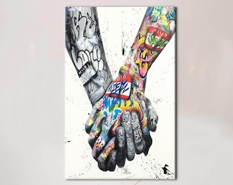 Couple Holding Hands Graffiti Painting, Lovers Holding Hands Art Canvas, Lovers Holding Hands Wall Decor, Couple Gift Canvas Art,