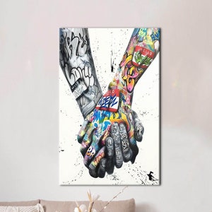 Paar Händchen haltend Graffiti Malerei, Liebespaar Händchen haltend Kunst Leinwand, Liebende Händchen haltend Wanddekor, Paar Geschenk Leinwand Kunst,