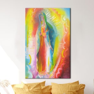 Pintura de Nuestra Señora de Guadalupe, Arte mural colorido, Póster moderno, Arte católico en lienzo, Arte de la Virgen de Guadalupe, Lienzo de arte abstracto,