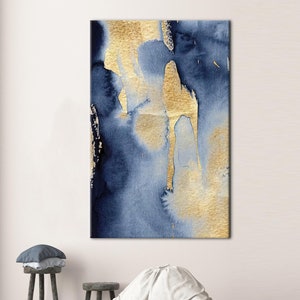 Gold and Navy Blue Abstract Canvas Art, Luxury Texture Watercolor Wall Decor, Modern Gold Ink Painting Print, Blue And Gold Painting