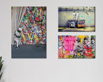 Banksy Boy Art, Banksy Art, Behind the Curtain Art Canvas, Abstract Art Canvas, Martin Watson Canvas, Banksy Colorful Graffiti Wall Art,