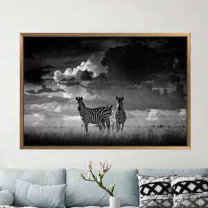Zebraduk, svartvit väggdekor, afrikansk savannväggkonst, djurkanvaskonst, personlig present till mamma, vardagsrumsinredning,