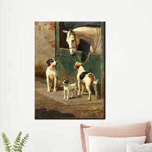 May include: A framed painting shows a white horse in a stable doorway, with three dogs in front. Two dogs are white with black and brown markings, and one is small and white with black markings. The artwork has a vintage style.