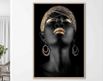African Canvas, African Woman Canvas, Gold Lip Art, Abstract Art Canvas, Ethnic Artwork, African Gold Lip Printed, Black Woman Printed,