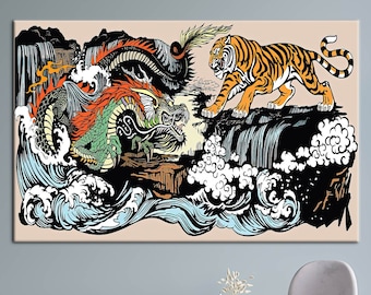 Animal Art Canvas, Japanese Artwork, Japanese Tiger and Dragon Printed, Dragon Vs Tiger Wall Art, Utagawa Kuniyoshi Canvas,