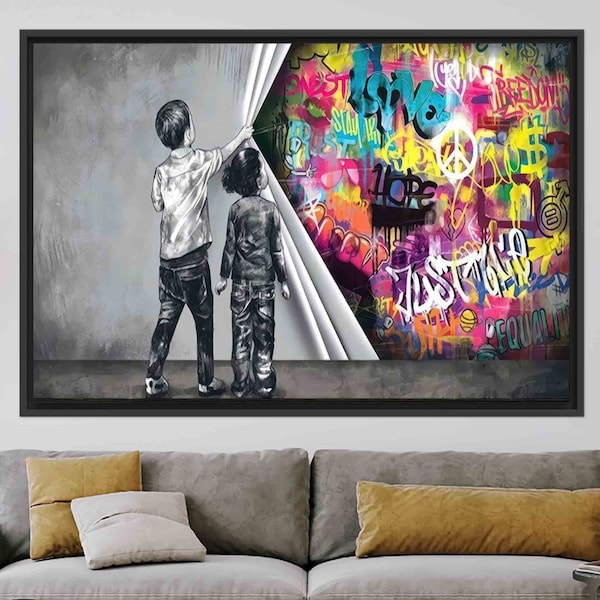 Colorful Graffiti Canvas Wall Art – Kids Reveal Street Art Mural – Urban Modern Home Decor – Framed or Rolled Canvas Print