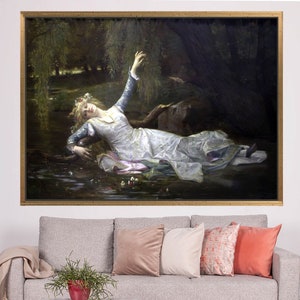 May include: A painting of a woman in a white dress lying in a body of water. She is surrounded by green foliage and flowers. The woman's hair is long and blonde, and she is wearing a crown of flowers. The painting is done in a realistic style.