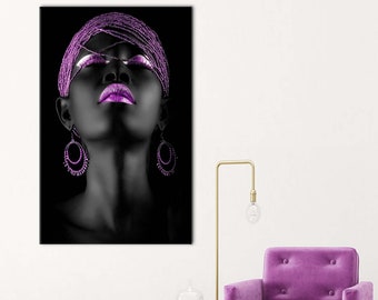 Shimmery Art, Black Girl Art Canvas, African Woman Wall Decor, Purple Lip Canvas Art, Ethnic Artwork, Trendy Poster, African Art Canvas,