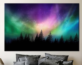 May include: A digital painting of a dark forest silhouetted against a vibrant aurora borealis in the night sky. The aurora is a mix of green, purple, and pink hues with a scattering of white stars.