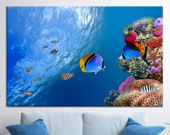 Tropical Fish Wall Decor, Underwater Fish Art, Seascape Printed, Fish Canvas Art, Blue Art, Ocean Poster, Ocean Landscape Poster,