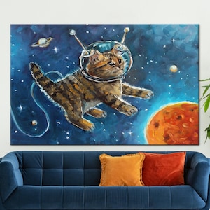 Arte en lienzo para niños, decoración de pared de gato astronauta, póster de animal astronauta, decoración de pared de animales, arte en lienzo para guardería, decoración de pared de dibujos animados,