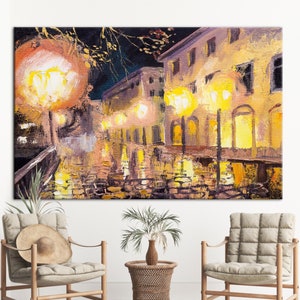 Romantic Night Street Canvas Art, Glowing Lantern Cityscape Print, Impressionist Urban Wall Decor, Rainy Evening Street Painting