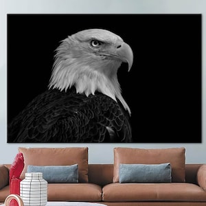 Lienzo con retrato de águila calva, majestuosa ave rapaz en blanco y negro, impresión artística sobre lienzo de algodón para una decoración de pared audaz y patriótica.