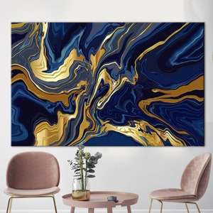 Abstract Marble Artwork, Modern Canvas, Gold Wall Art, Navy Blue Art, Shimmery Art, Navy Blue Marble Art Canvas, Abstract Poster,