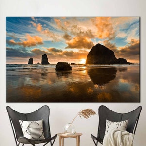 Haystack Rock Artwork, Cannon Beach Wall Decor, Oregon Coast Haystack Rock Poster, View Poster, Sea Poster, Sky Canvas,