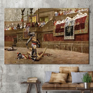Puede incluir: Una pintura que representa una escena de un combate de gladiadores romanos. Un gladiador con armadura se encuentra sobre un oponente caído en una arena de arena. El fondo muestra una multitud de espectadores en las gradas.