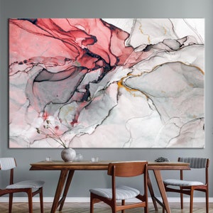 Lienzo abstracto en rosa ruborizado y gris: póster moderno de algodón para decorar la pared del dormitorio o el comedor, arte mural con tinta de alcohol, póster moderno.